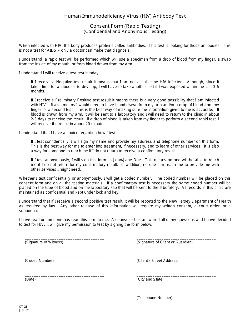 Form CT-28 HIV Consent (Rapid Testing) - Confidential and Anonymous Testing - New Jersey, Page 1