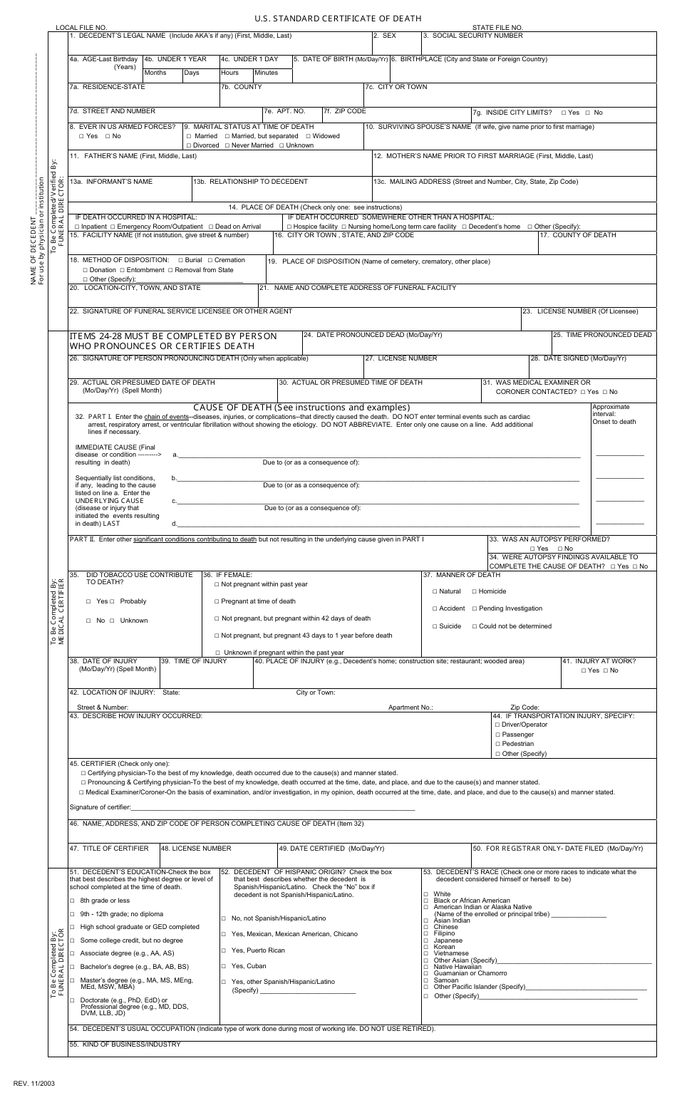 U.S. Standard Certificate of Death, Page 1