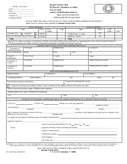 Form VS-142.3 Mail Application for Birth and Death Record - Bosque County, Texas