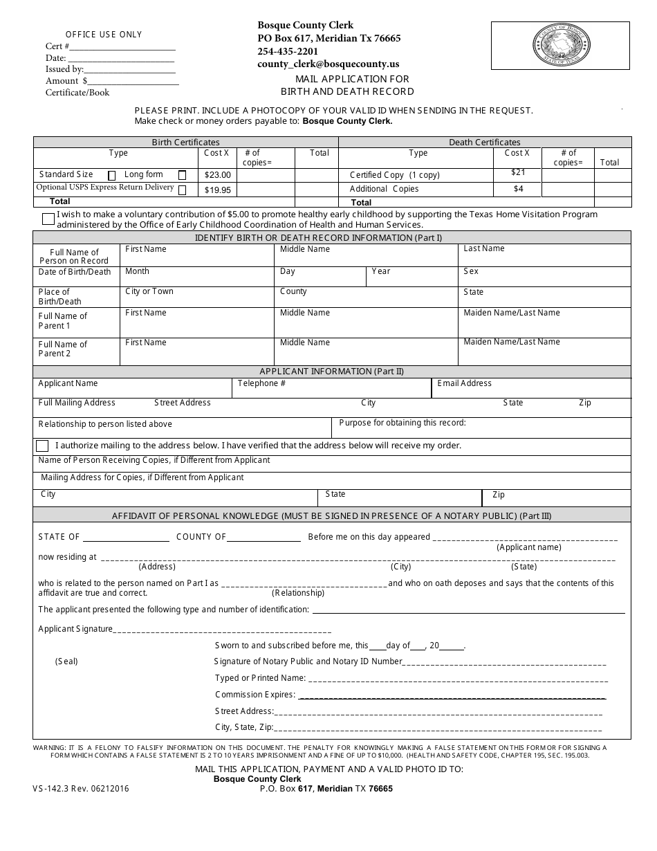 Form VS-142.3 Mail Application for Birth and Death Record - Bosque County, Texas, Page 1