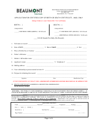 Document preview: Application for Certified Copy of Birth or Death Certificate - City of Beaumont, Texas