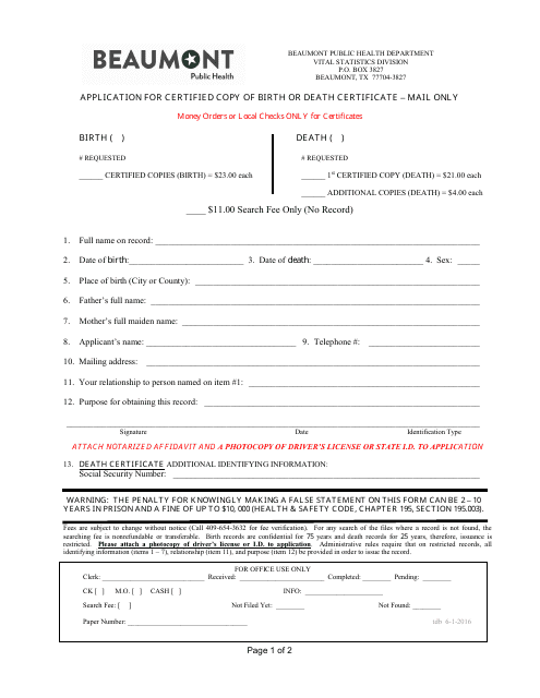 Application for Certified Copy of Birth or Death Certificate - City of Beaumont, Texas Download Pdf