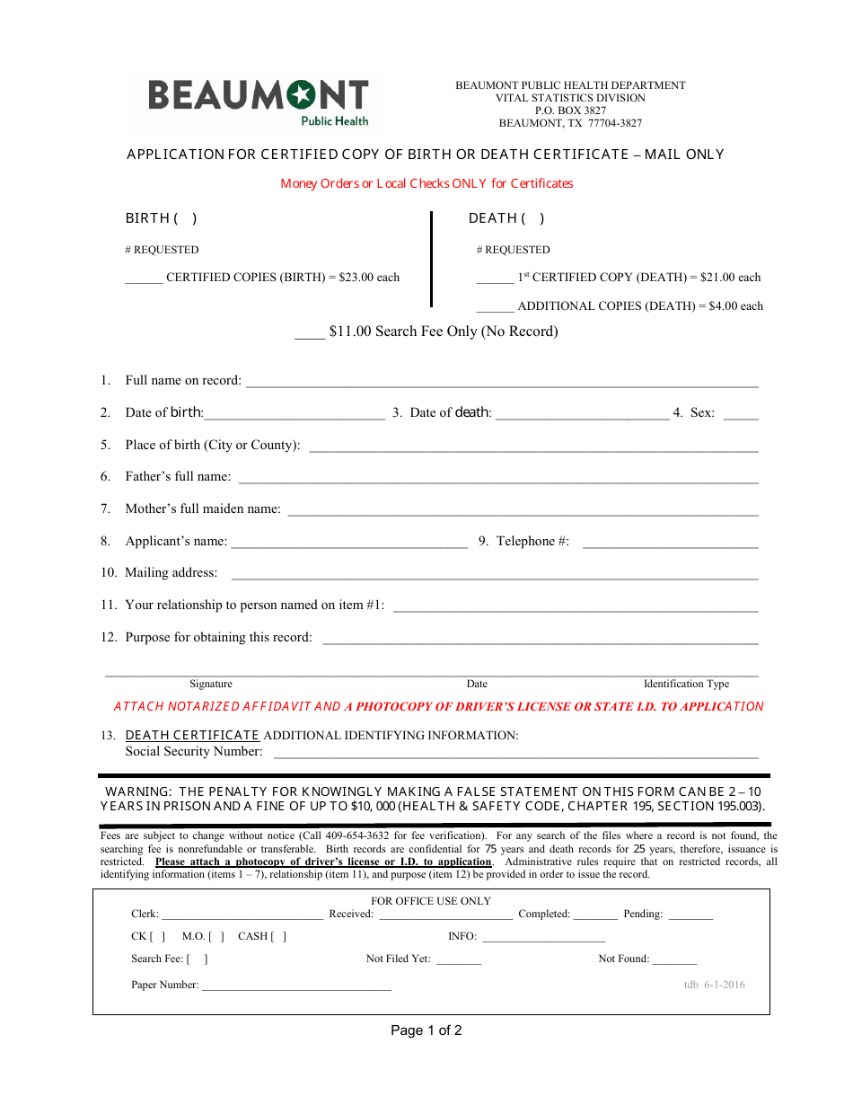 Application for Certified Copy of Birth or Death Certificate - City of Beaumont, Texas, Page 1