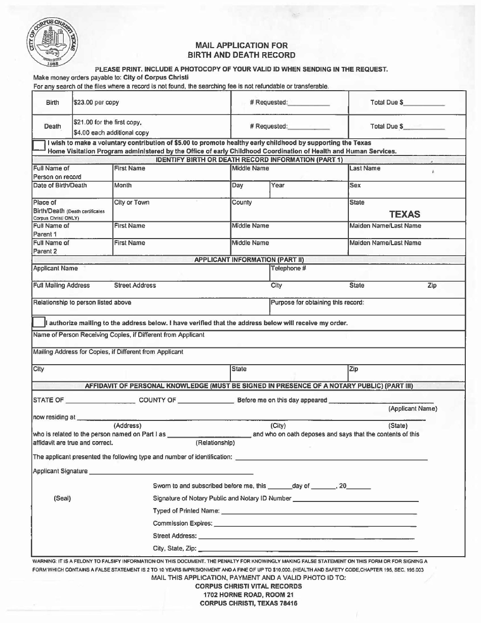 Mail Application for Birth and Death Record - City of Corpus Christi, Texas, Page 1