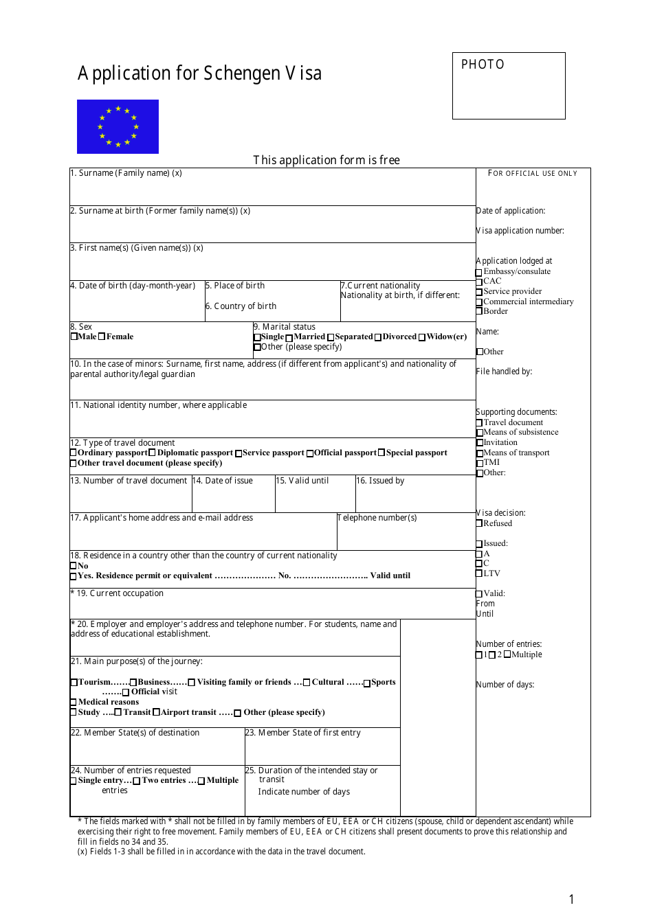 Application Form for Schengen Visa - Rome, Italy, Page 1