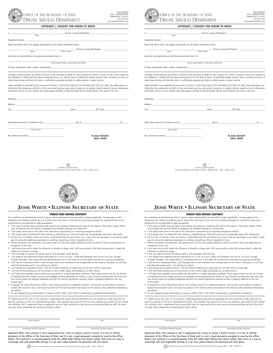 Form DSD A211 Parent Teen Driving Contract - Illinois, Page 1