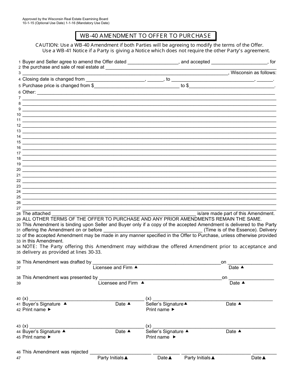 Form WB-40 Amendment to Offer to Purchase - Wisconsin, Page 1