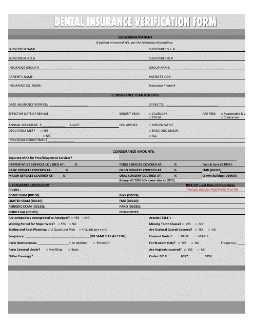 Dental Insurance Verification Form