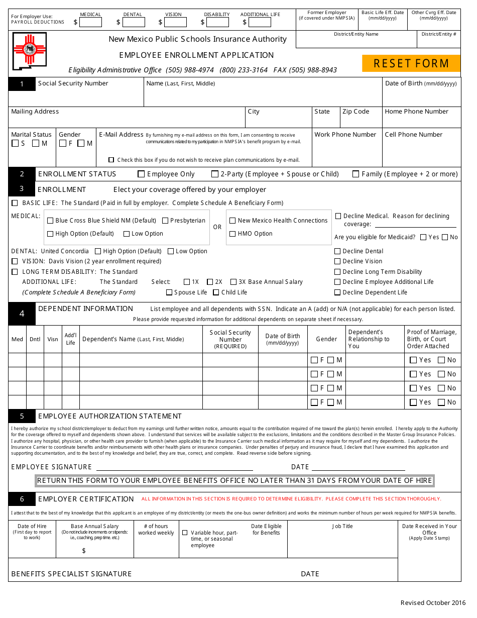 Employee Enrollment Application Form - New Mexico Public Schools Insurance - New Mexico, Page 1