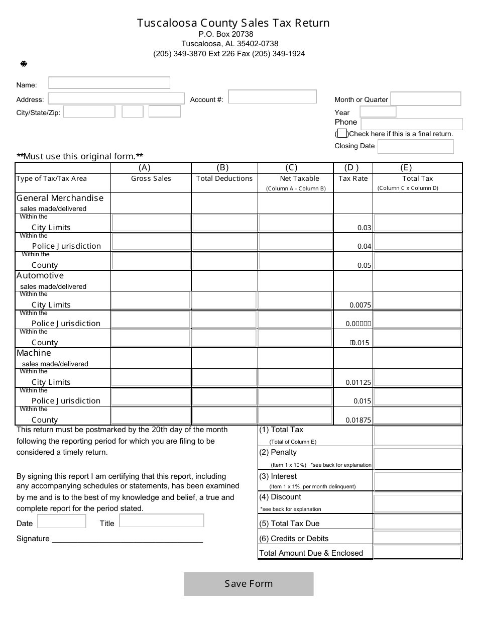 Sales Tax Return Form - City of Tuscaloosa, Alabama, Page 1