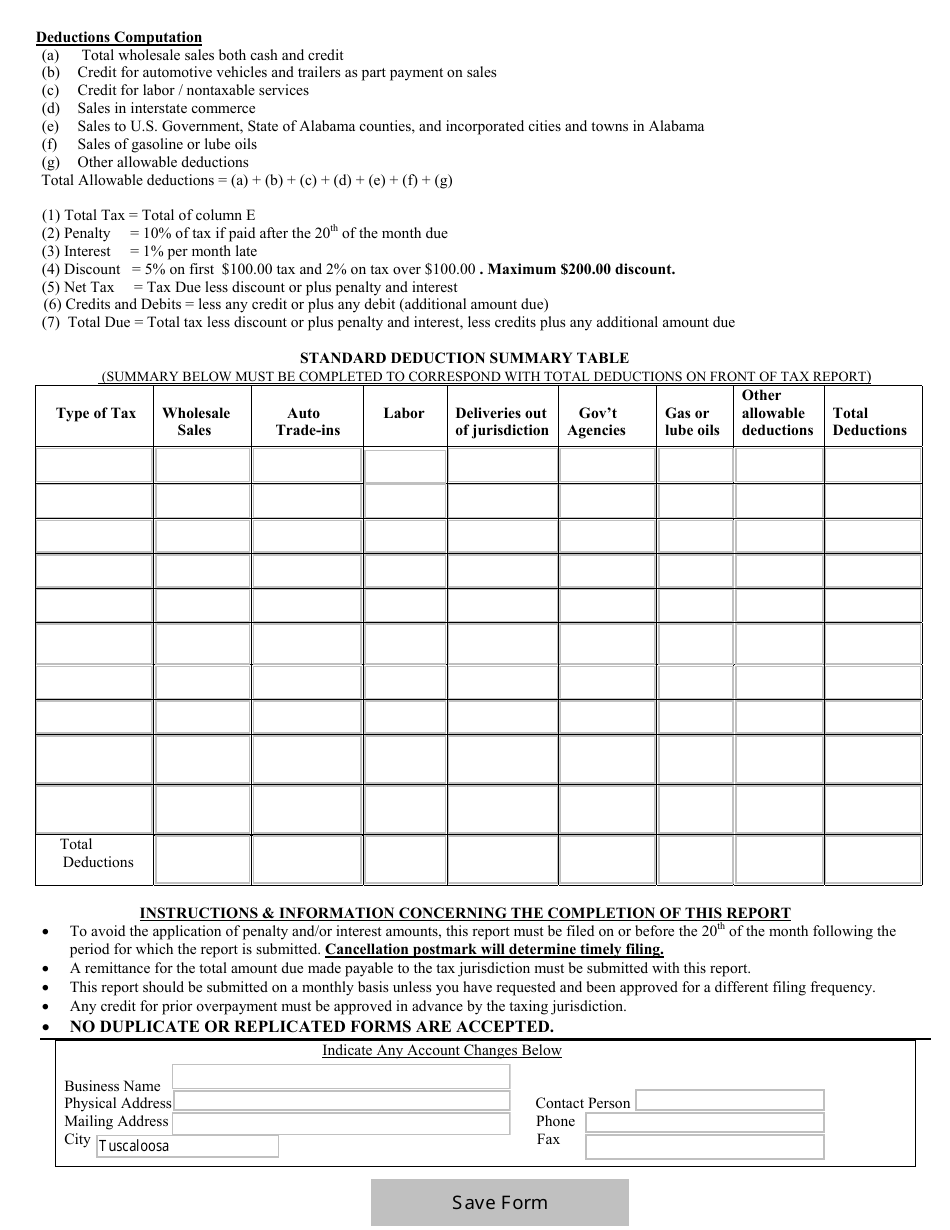 City Of Tuscaloosa Alabama Sales Tax Return Form Fill Out Sign Online And Download Pdf