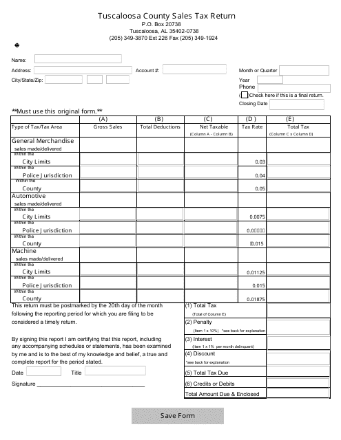 &quot;Sales Tax Return Form&quot; - City of Tuscaloosa, Alabama Download Pdf
