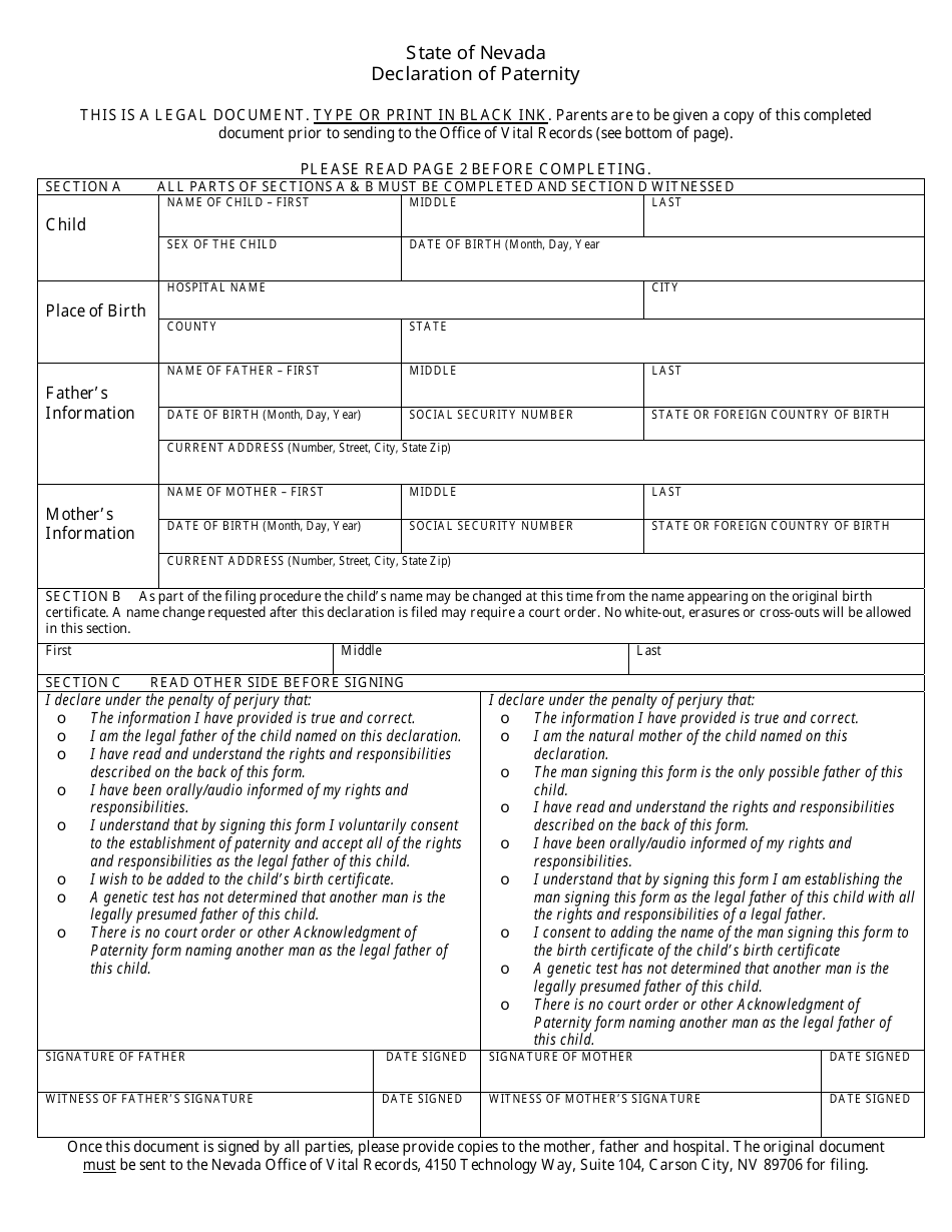 Nevada Declaration of Paternity Form - Fill Out, Sign Online and ...