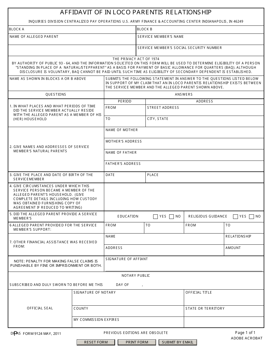 DFAS Form 9124 Affidavit of in Loco Parentis Relationship, Page 1