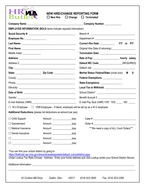New Hire / Change Reporting Form - HR Butler - Ohio Download Pdf