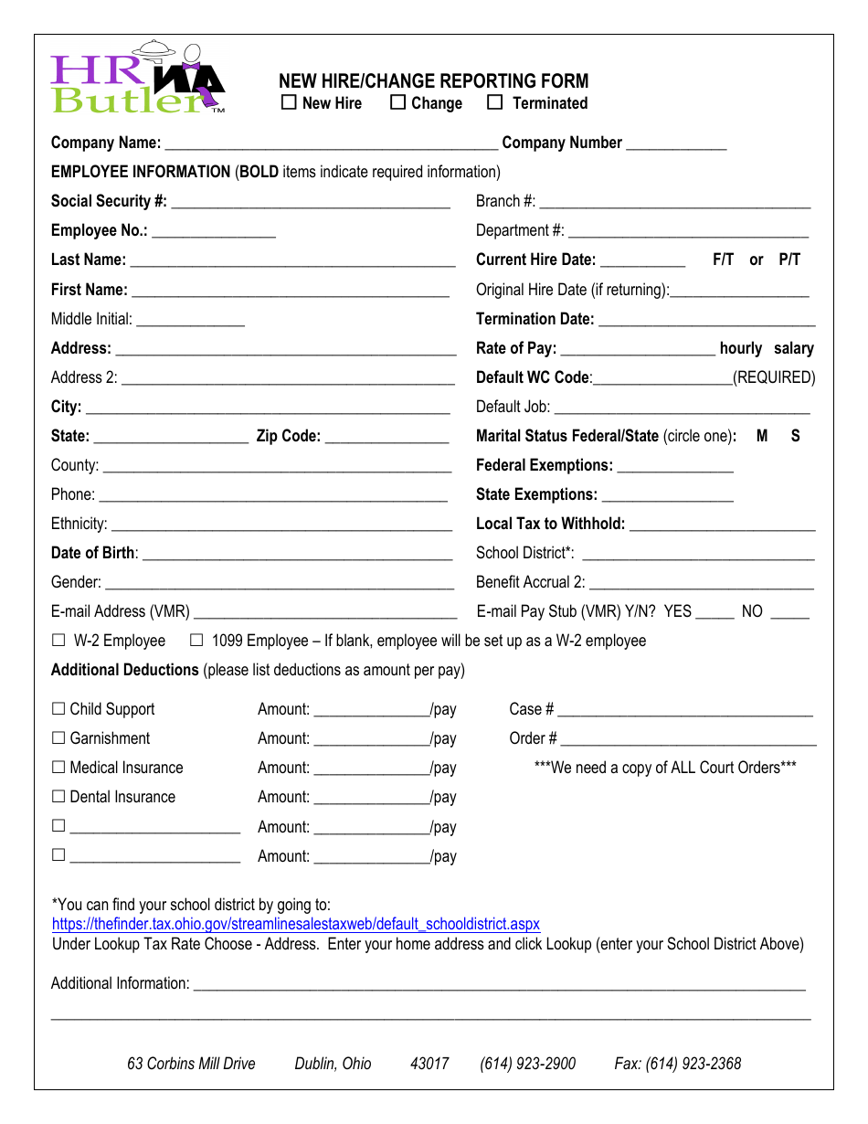 New Hire / Change Reporting Form - HR Butler - Ohio, Page 1