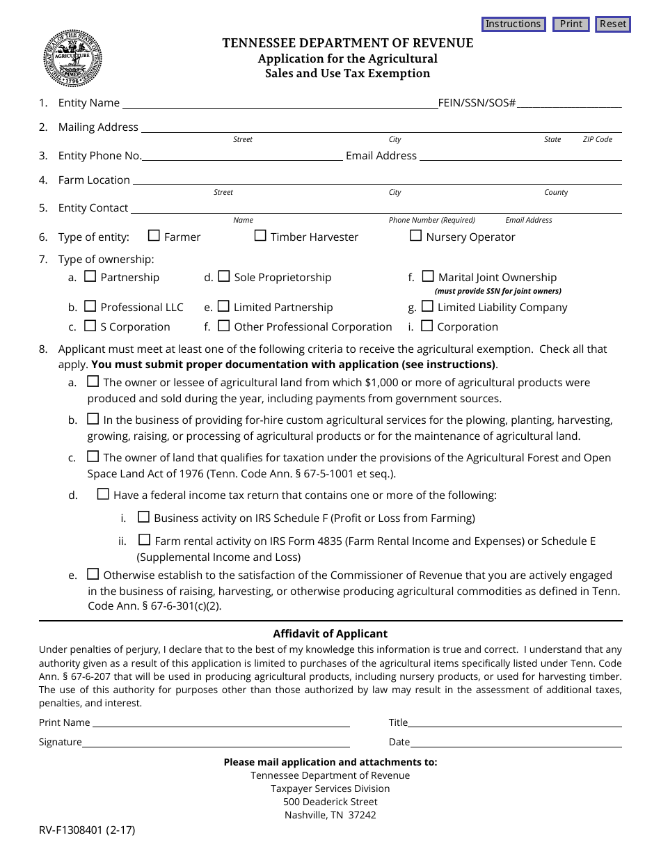 Form RV-F1308401 Application for the Agricultural Sales and Use Tax Exemption - Tennessee, Page 1
