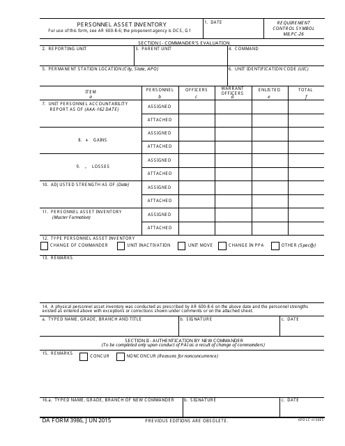 DA Form 3986 Personnel Asset Inventory