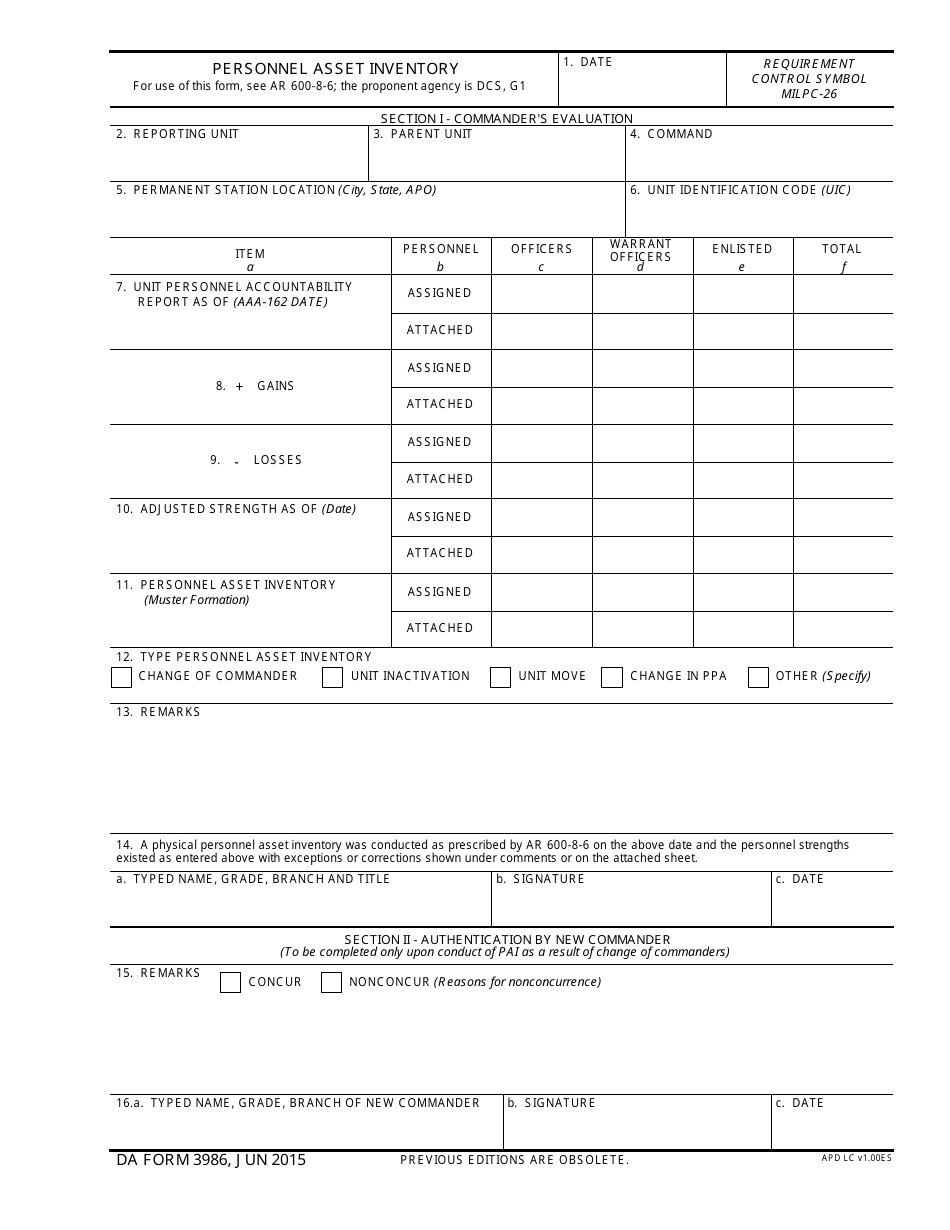 DA Form 3986 Personnel Asset Inventory, Page 1