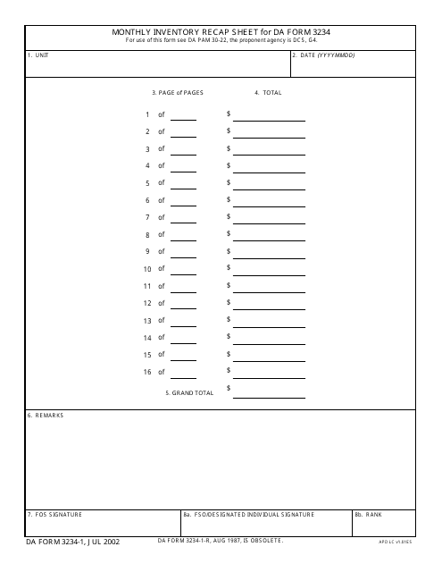 DA Form 3234-1 Monthly Inventory Recap Sheet for DA Form 3234