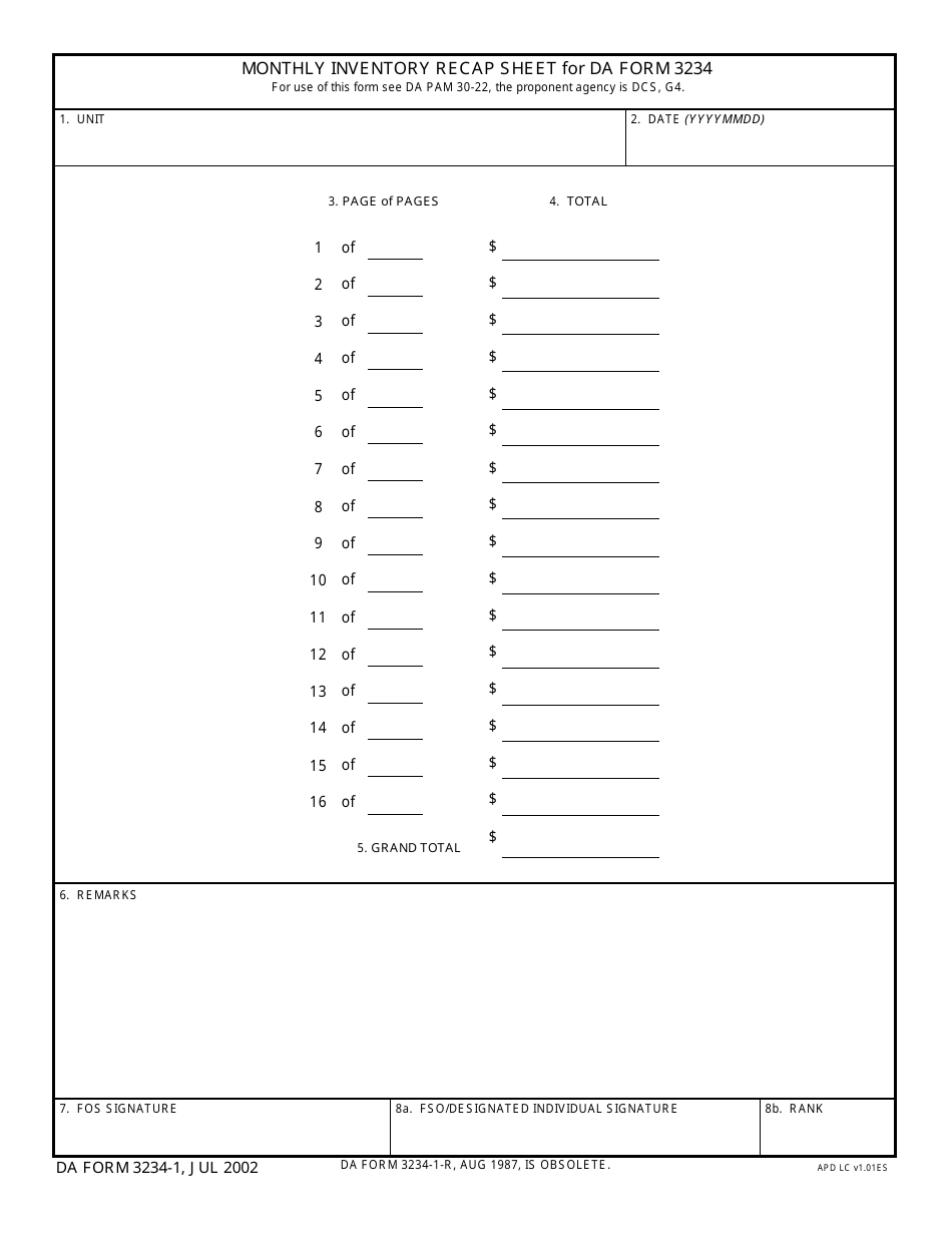 DA Form 3234-1 Monthly Inventory Recap Sheet for DA Form 3234, Page 1