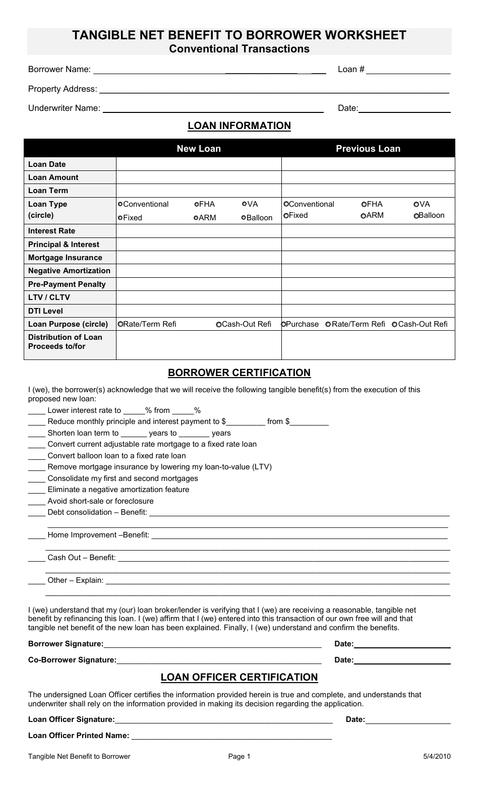 Tangible Net Benefit Form to Borrower Worksheet, Page 1