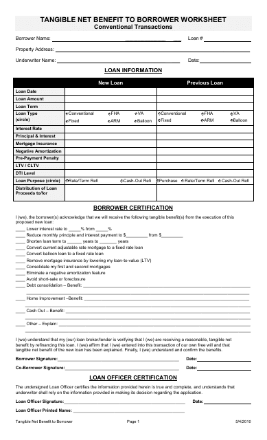 Tangible Net Benefit Form to Borrower Worksheet