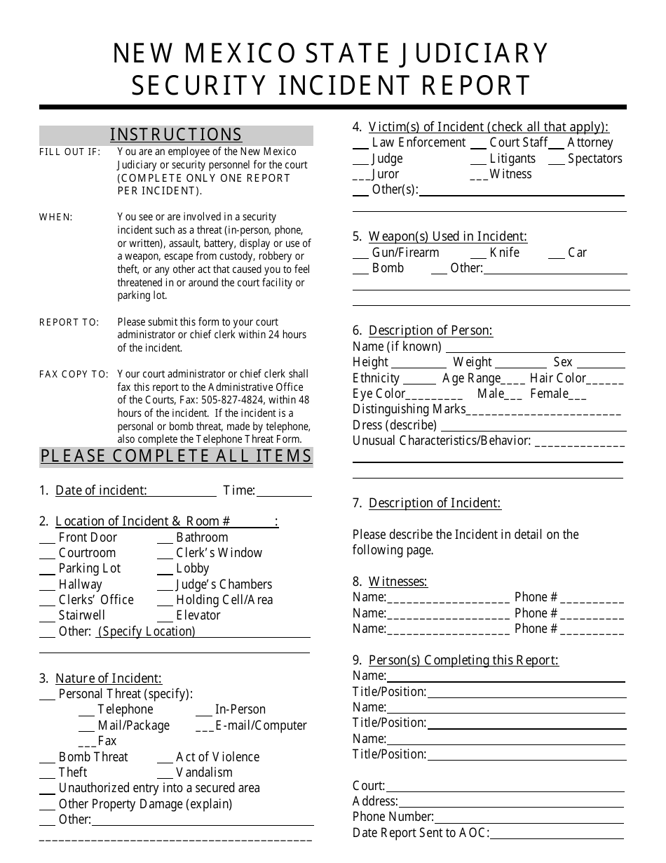 Security Incident Report Form - New Mexico, Page 1