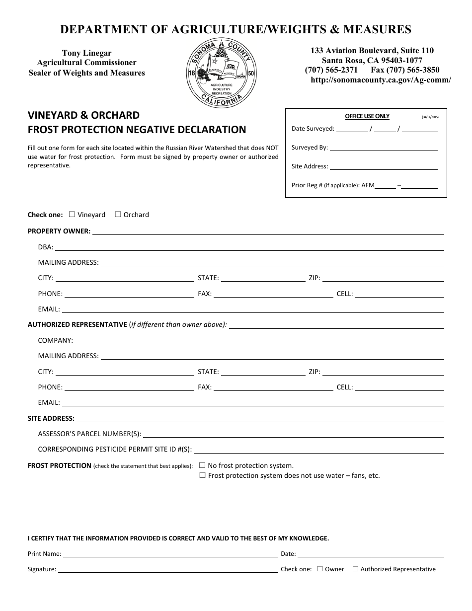Negative Declaration Form Sonoma county, California Vineyard &orchard Frost Protection Negative ...