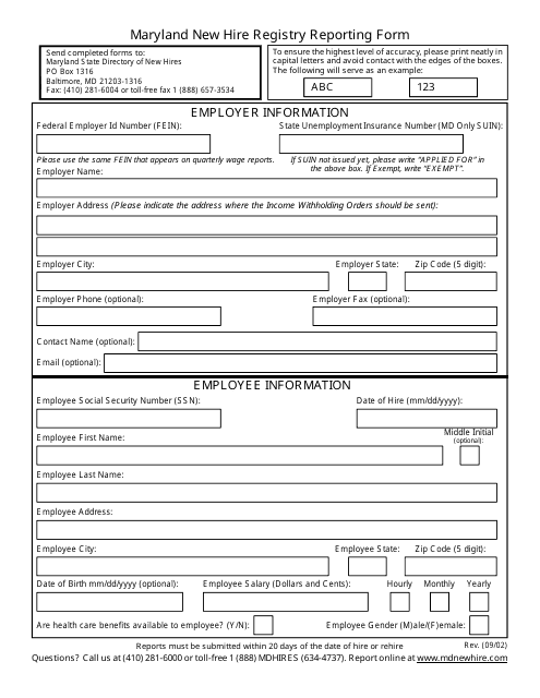 New Hire Registry Reporting Form - Maryland