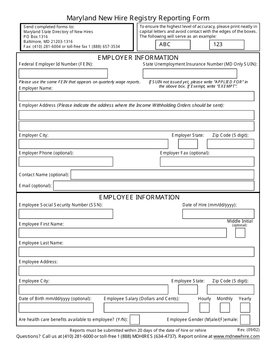 New Hire Registry Reporting Form - Maryland, Page 1