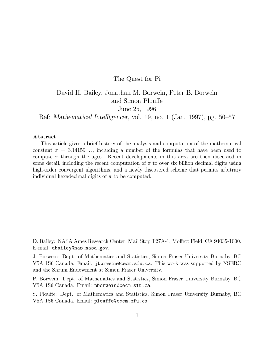 The Quest for Pi - David H. Bailey, Jonathan M. Borwein, Peter B. Borwein and Simon Plouffe, Page 1