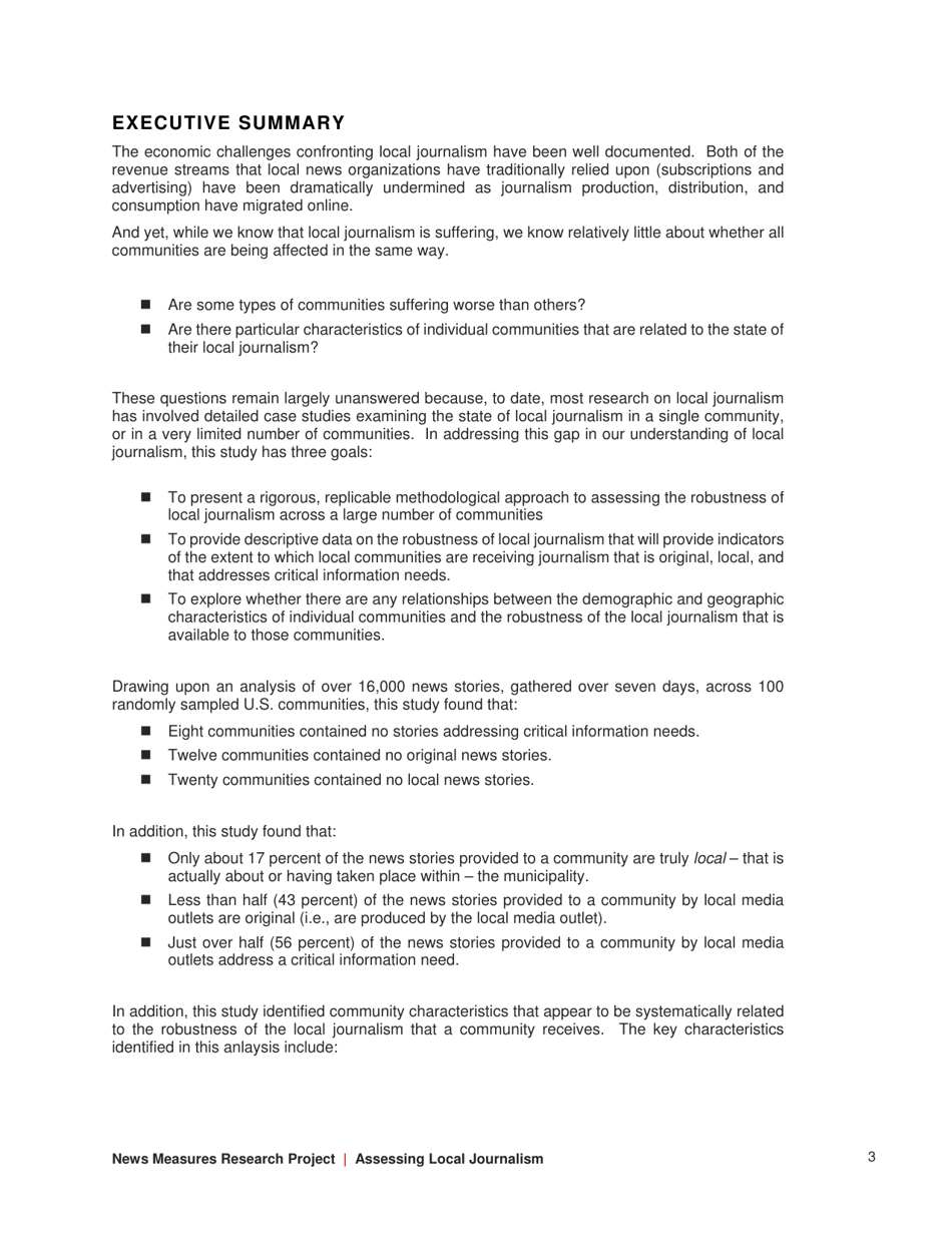 Assessing Local Journalism: News Deserts, Journalism Divides, and the Determinants of the Robustness of Local News - Philip M. Napoli, Matthew Weber, Katie Mccollough  Qun Wang - North Carolina, Page 3