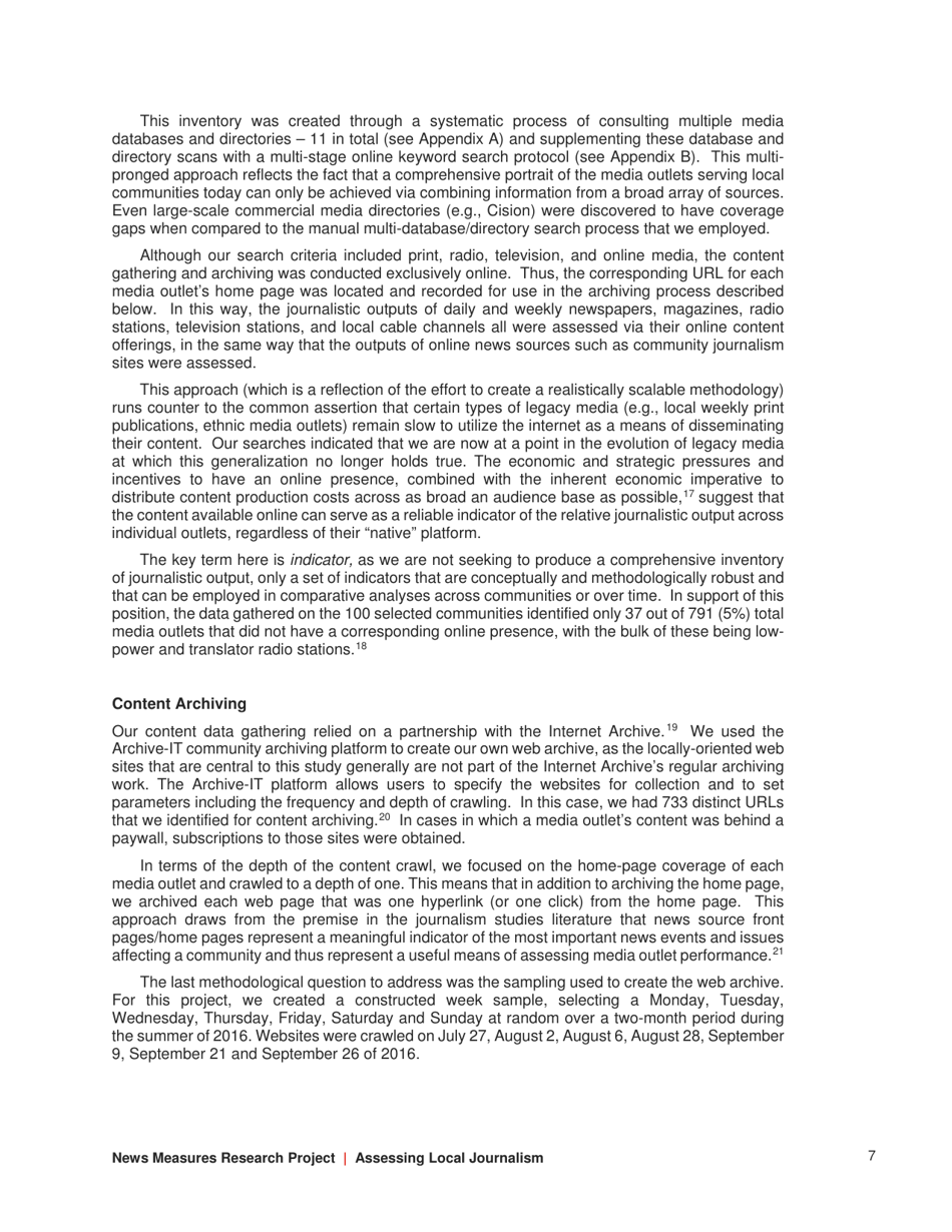 Assessing Local Journalism: News Deserts, Journalism Divides, and the Determinants of the Robustness of Local News - Philip M. Napoli, Matthew Weber, Katie Mccollough  Qun Wang - North Carolina, Page 7