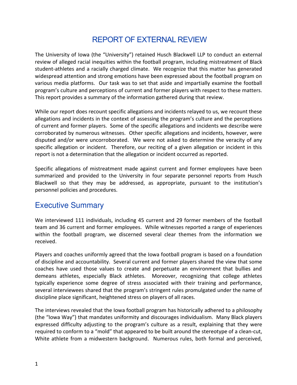 Report of External Review - Football Program Culture University of Iowa - Iowa, Page 3