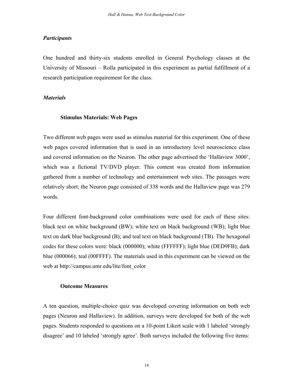 The Impact of Web Page Text-Background Color Combinations on Readability, Retention, Aesthetics, and Behavioral Intention - Richard H. Hall, Patrick Hanna - Missouri, Page 14