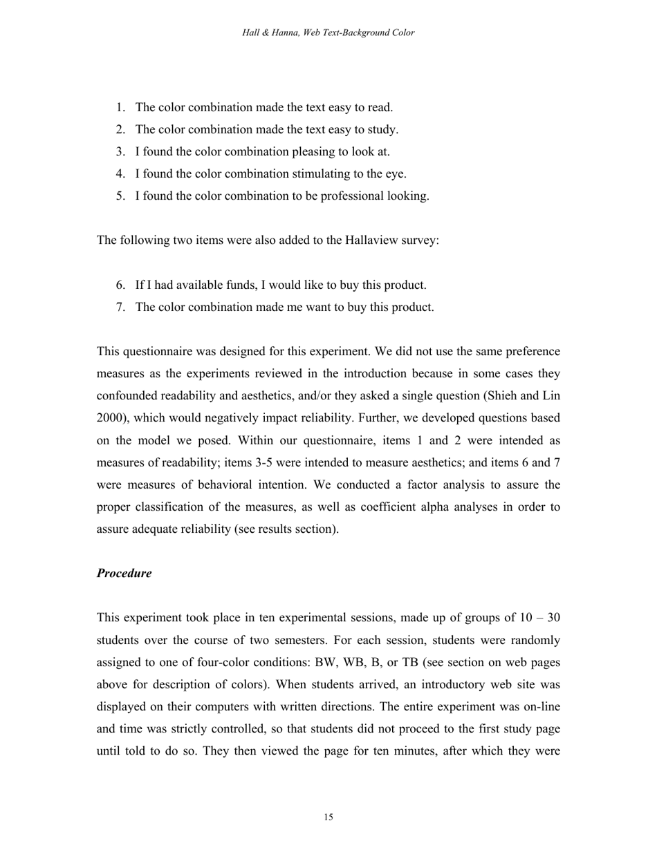 The Impact of Web Page Text-Background Color Combinations on Readability, Retention, Aesthetics, and Behavioral Intention - Richard H. Hall, Patrick Hanna - Missouri, Page 15