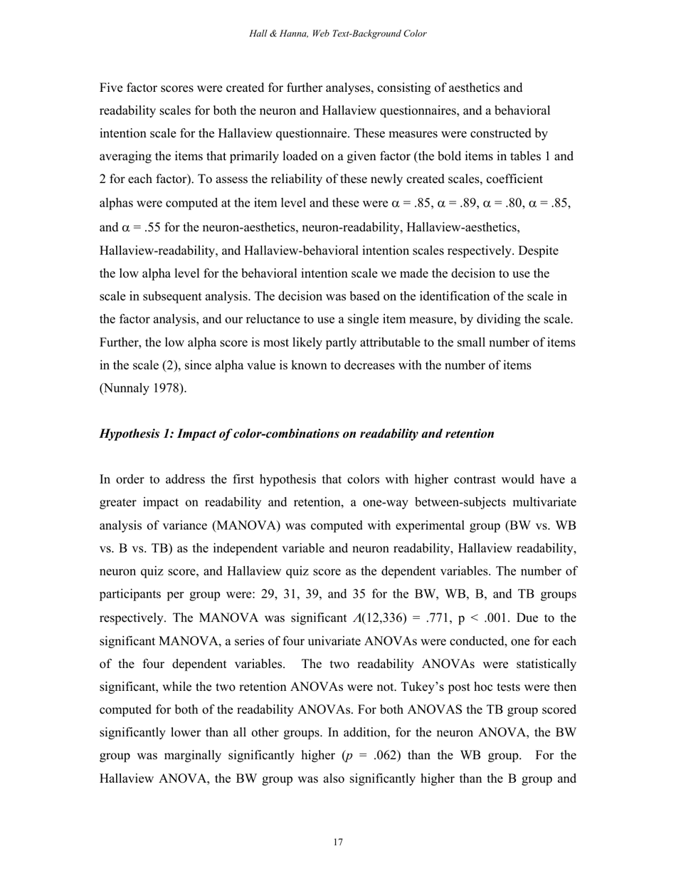 The Impact of Web Page Text-Background Color Combinations on Readability, Retention, Aesthetics, and Behavioral Intention - Richard H. Hall, Patrick Hanna - Missouri, Page 17