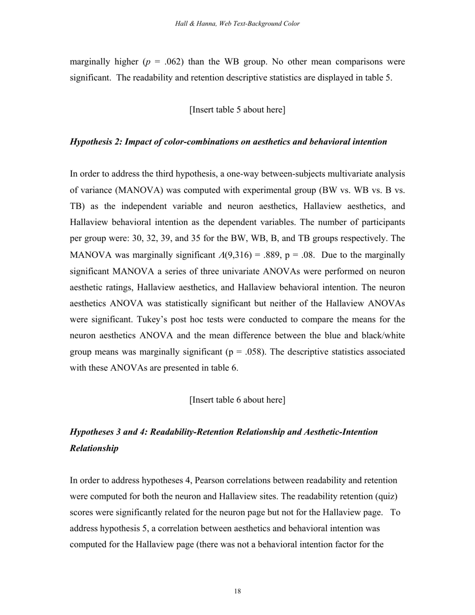 The Impact of Web Page Text-Background Color Combinations on Readability, Retention, Aesthetics, and Behavioral Intention - Richard H. Hall, Patrick Hanna - Missouri, Page 18