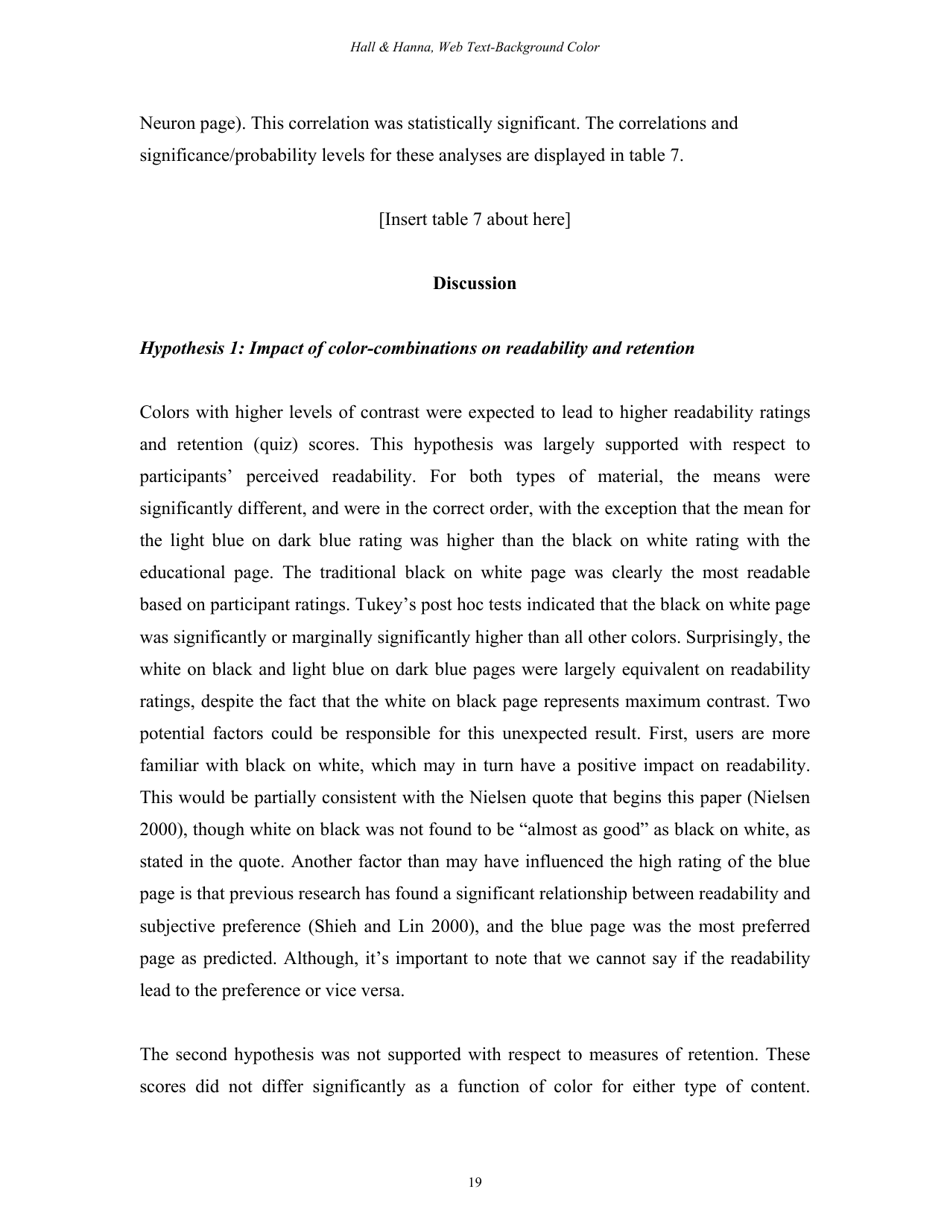 The Impact of Web Page Text-Background Color Combinations on Readability, Retention, Aesthetics, and Behavioral Intention - Richard H. Hall, Patrick Hanna - Missouri, Page 19