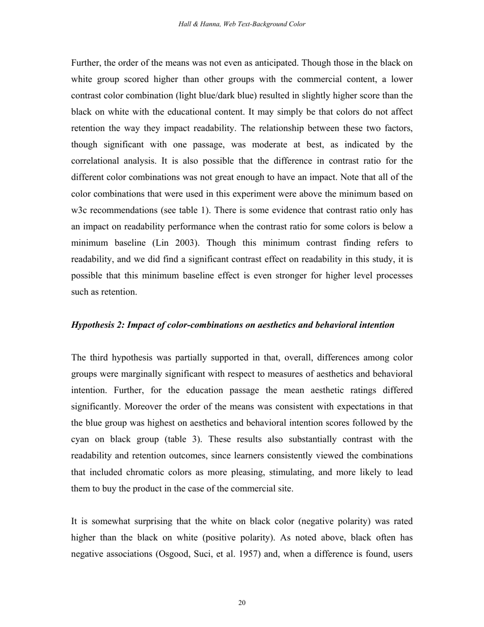 The Impact of Web Page Text-Background Color Combinations on Readability, Retention, Aesthetics, and Behavioral Intention - Richard H. Hall, Patrick Hanna - Missouri, Page 20