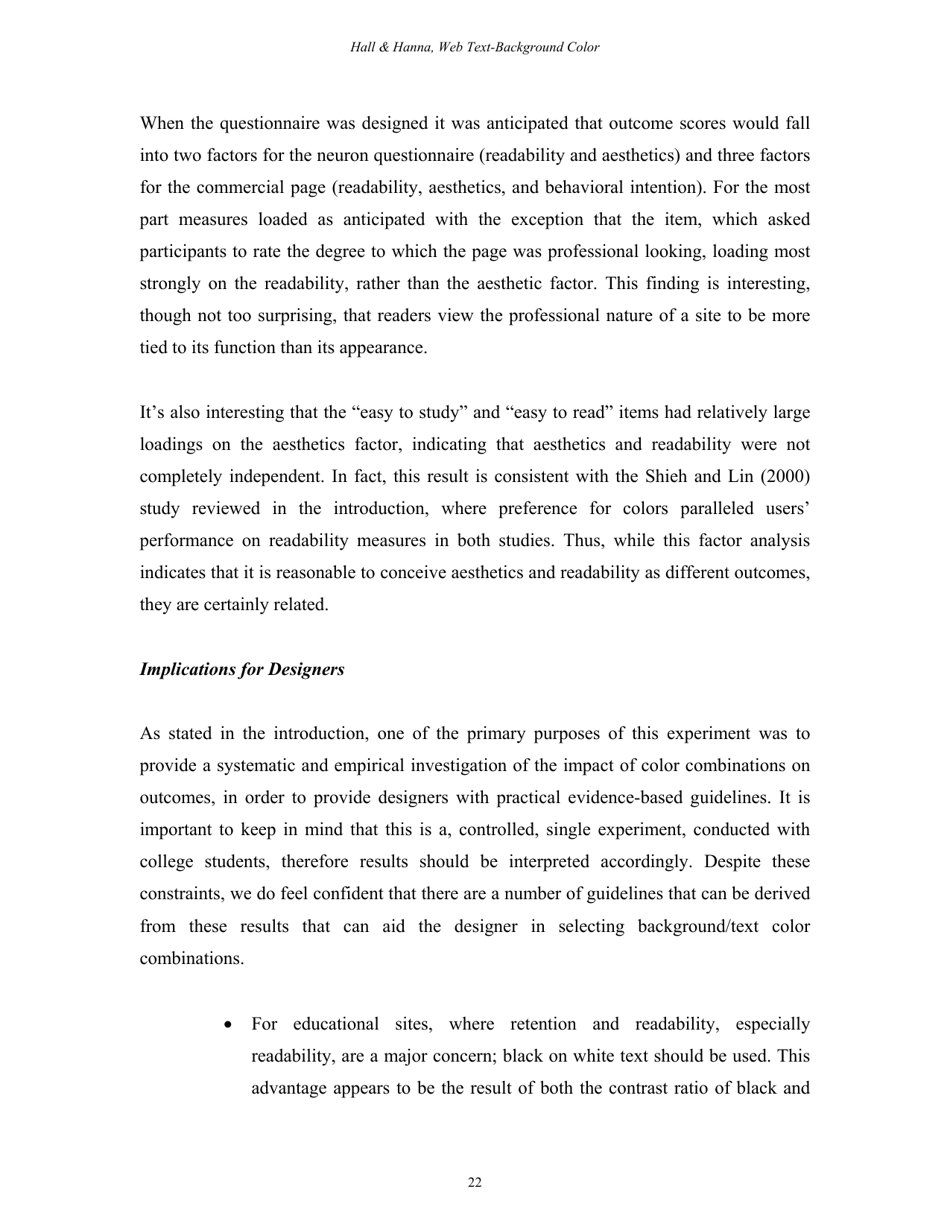 The Impact of Web Page Text-Background Color Combinations on Readability, Retention, Aesthetics, and Behavioral Intention - Richard H. Hall, Patrick Hanna - Missouri, Page 22