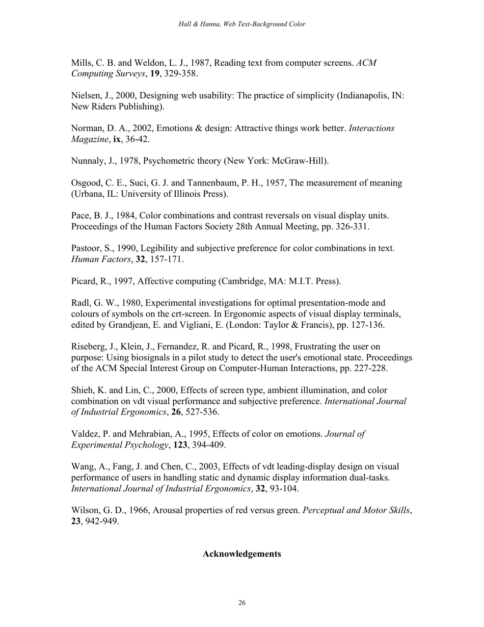 The Impact of Web Page Text-Background Color Combinations on Readability, Retention, Aesthetics, and Behavioral Intention - Richard H. Hall, Patrick Hanna - Missouri, Page 26