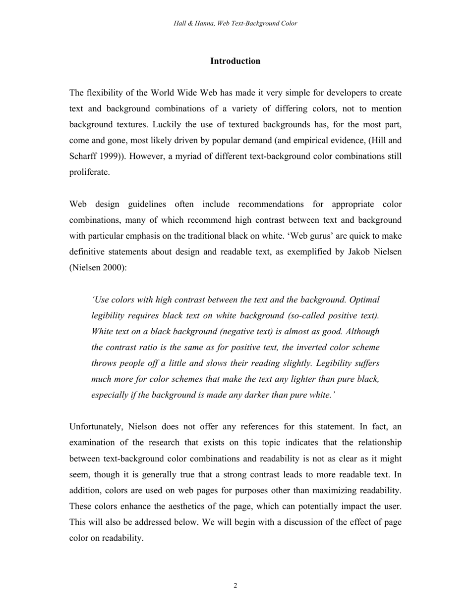 The Impact of Web Page Text-Background Color Combinations on Readability, Retention, Aesthetics, and Behavioral Intention - Richard H. Hall, Patrick Hanna - Missouri, Page 2