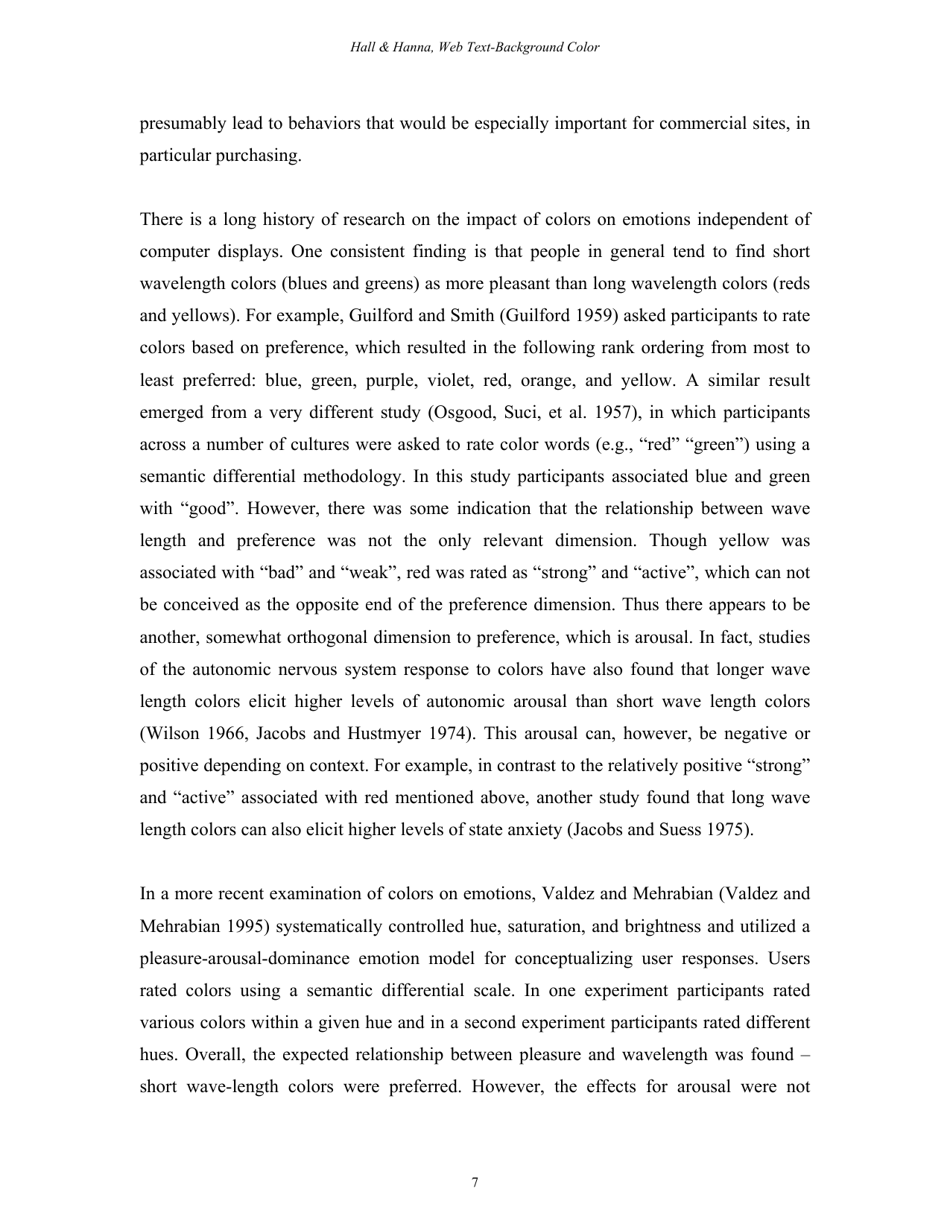 The Impact of Web Page Text-Background Color Combinations on Readability, Retention, Aesthetics, and Behavioral Intention - Richard H. Hall, Patrick Hanna - Missouri, Page 7
