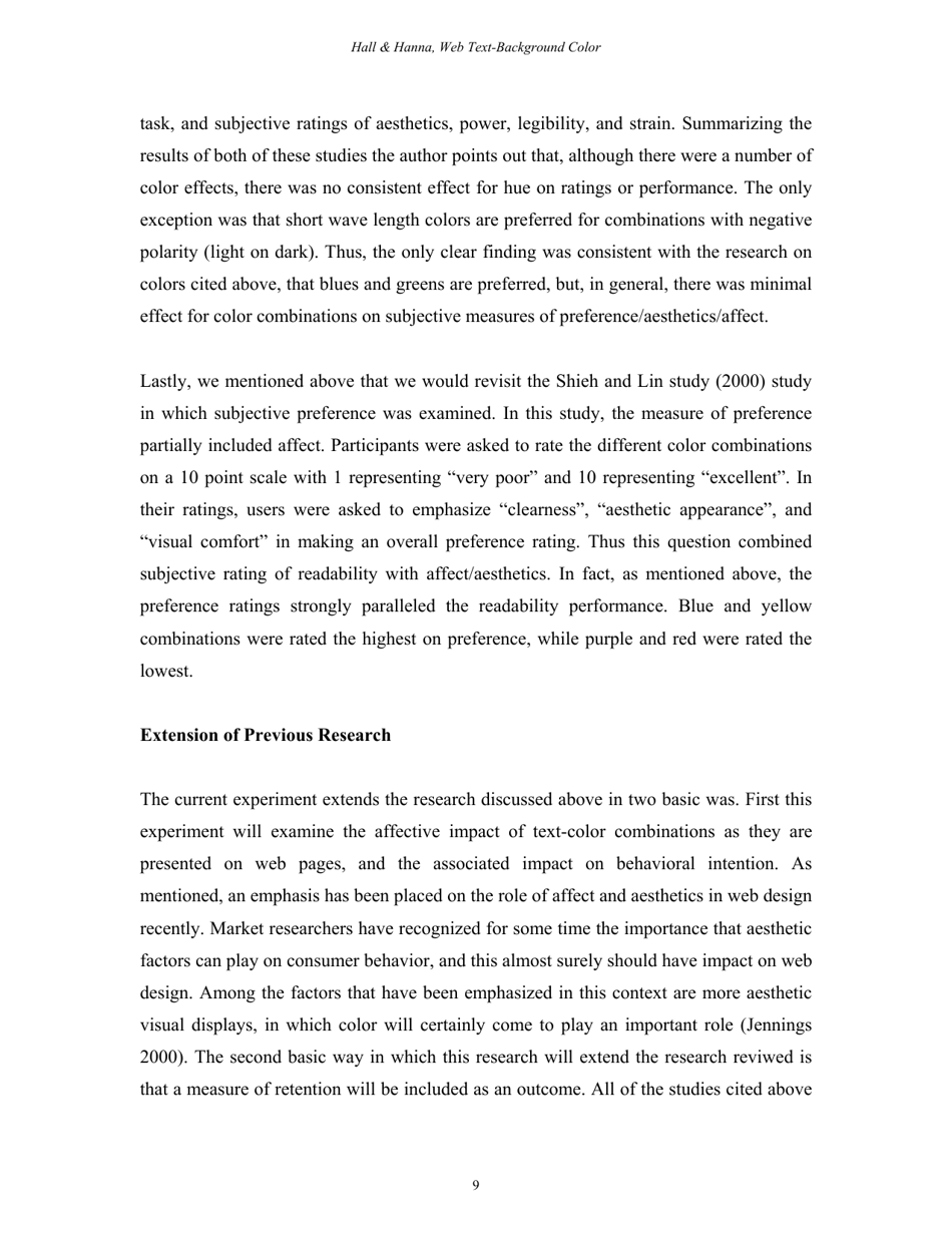 The Impact of Web Page Text-Background Color Combinations on Readability, Retention, Aesthetics, and Behavioral Intention - Richard H. Hall, Patrick Hanna - Missouri, Page 9