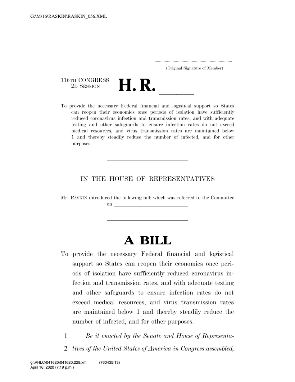 Reopen America Act of 2020 - Jamie Raskin - Maryland, Page 1