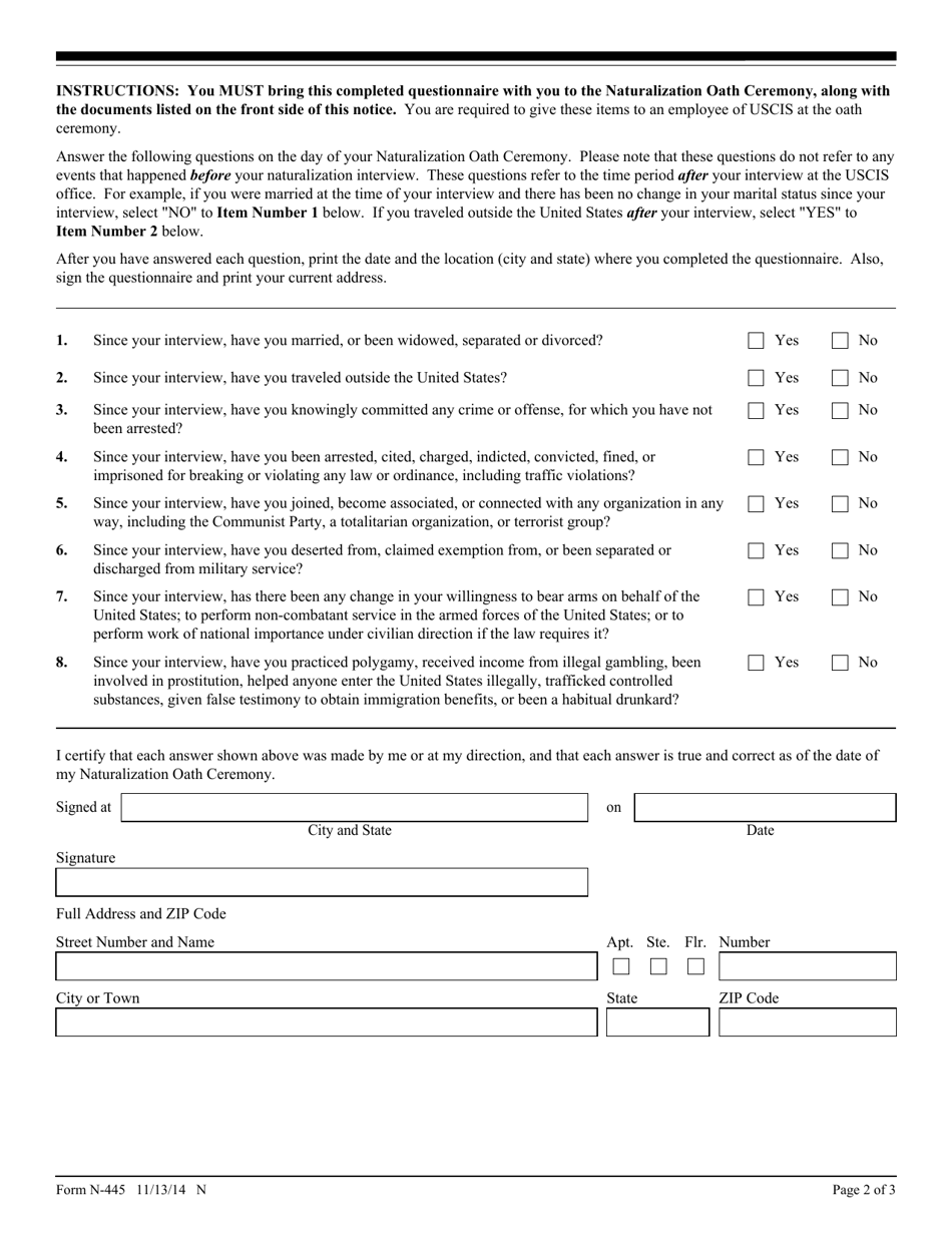 USCIS Form N445 Fill Out, Sign Online and Download Fillable PDF