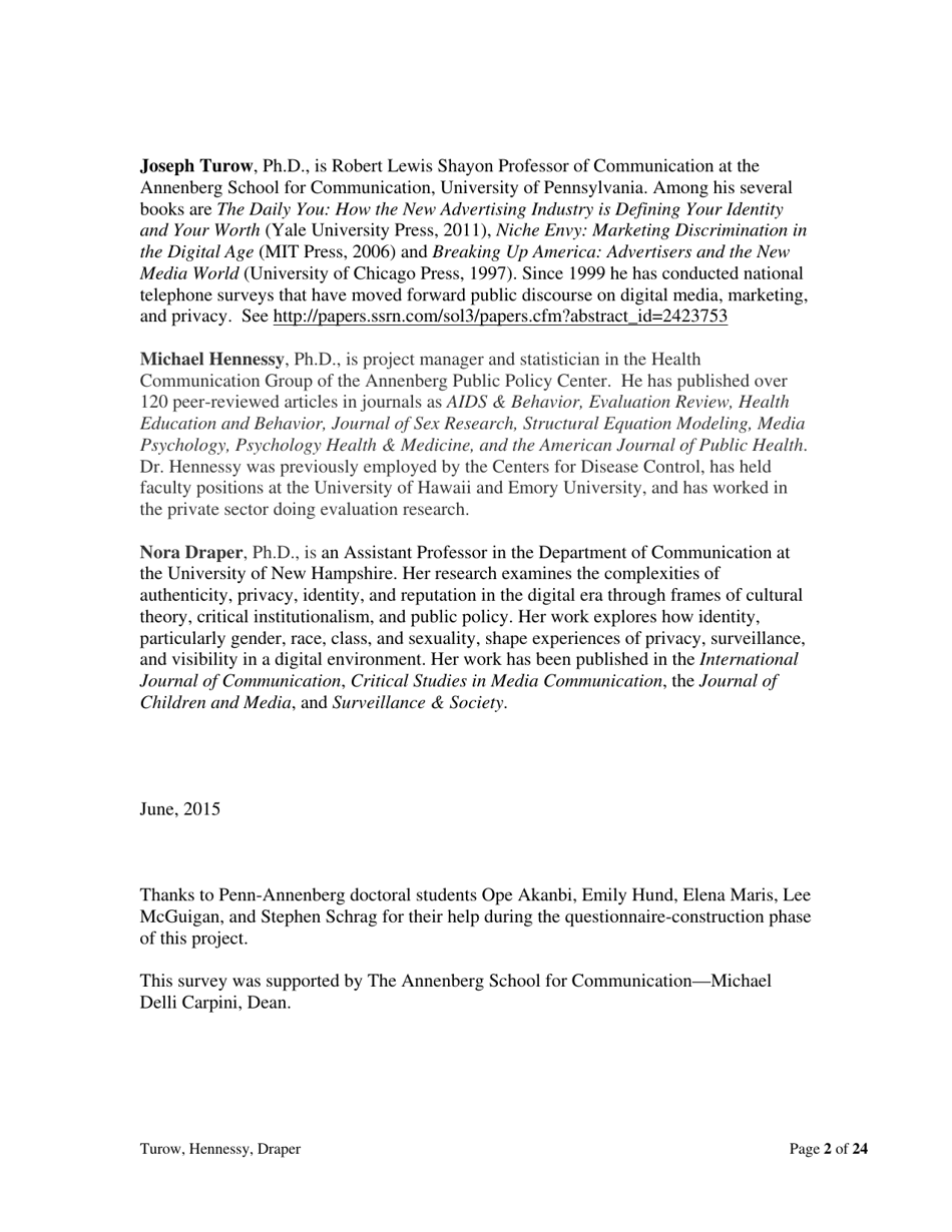 The Tradeoff Fallacy - How Marketers Are Misrepresenting American Consumers and Opening Them up to Exploitation - Josef Turow, Michael Hennessy, Nora Draper - Pennsylvania, Page 2