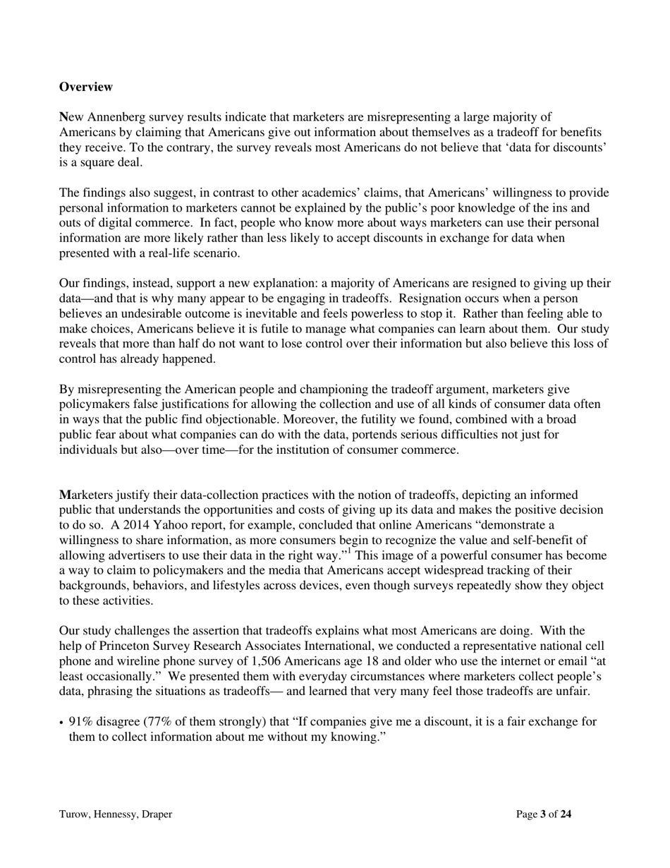 The Tradeoff Fallacy - How Marketers Are Misrepresenting American Consumers and Opening Them up to Exploitation - Josef Turow, Michael Hennessy, Nora Draper - Pennsylvania, Page 3